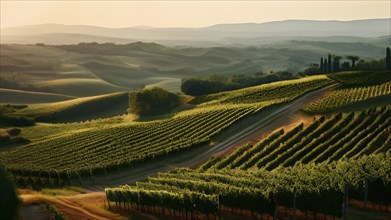 Aerial view of winding vineyard rows snake through rolling hills under atmospheric summer sun, AI