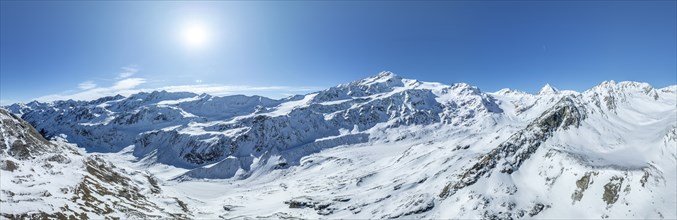 Aerial view, Snow-covered mountain landscape, view of Cevedale in the Ortler group, Trento, Italy,