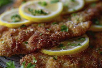 Close up of German Schnitzel, a breaded fried slice of meat with lemon slices. Generative Ai, AI