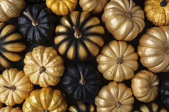 Top view of many small golden and black pumpkins. Generative Ai, AI generated