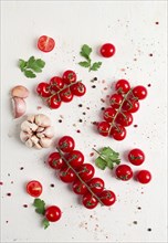 Branch with mini cherry tomatoes, with spices and herbs, garlic, food background, top view, on a