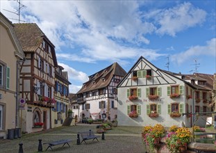 Well-kept half-timbered houses and floral decorations characterise the town centre of Eguisheim in