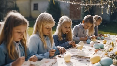 Several children decorating easter eggs at the table together, generative AI, AI generated