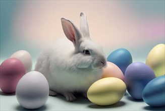 Cute bunny sitting next to several colorful easter eggs, generative AI, AI generated