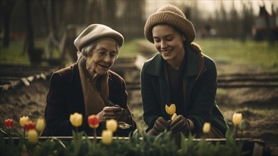 Elderly grandmother planting some spring plants with her granddaughter in the garden, generative