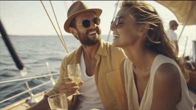 Young adult caucasian couple enjoying drinks on the deck of their yacht in the ocean, generatvie