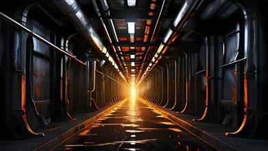 Underground corridor featuring drainage and metal pipelines designed for water and gas transport,