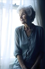 Elderly old woman lost in the realm looking out of a weathered window as symbol for loneliness, AI