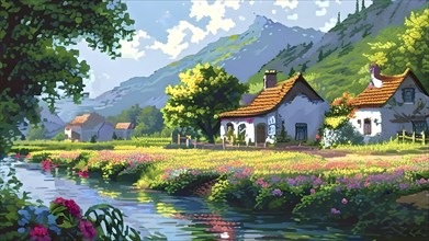 Pixel art illustration of a cozy village in summer with vibrant green roofs and blooming flowers,