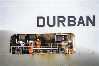 North lock in the overseas harbour of Bremerhaven, the vehicle transporter Durban Highway, under