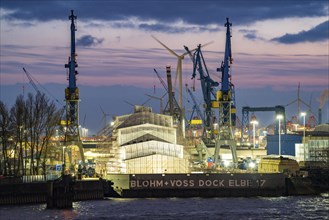 Port of Hamburg, view of the Blohm + Voss shipyard, Dock Elbe 17, evening, cranes of the container