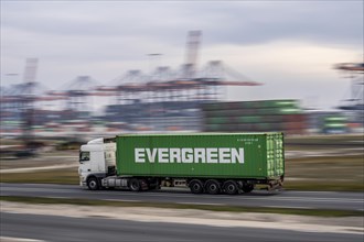 Container lorry, bringing containers to Euromax Container Terminal, the seaport of Rotterdam,