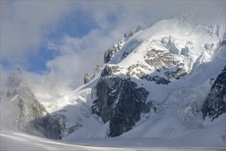 High alpine mountain landscape, Glacier du Tour, glacier and mountain peak, summit of the Aiguille