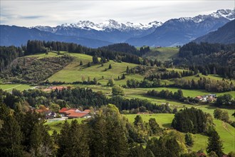 View from the Hauchenberg ridge to mountains of the Allgäu Alps, Missen, Oberallgäu, Bavaria,