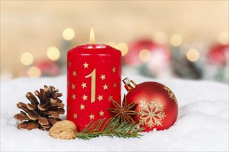 First 1st Advent with candle Christmas decoration Christmas card for Christmas time with copy space