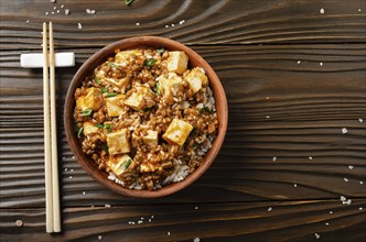 Flat lay view at mapo tofu dish with pork chives steamed rice and soy sauce closeup