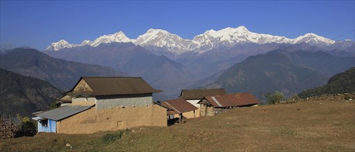 Farmhouses near Ghale Gaun and Manaslu Range, Nepal, Asia