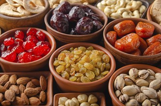 Different nuts and dried fruits in bowls on wooden kitchen table