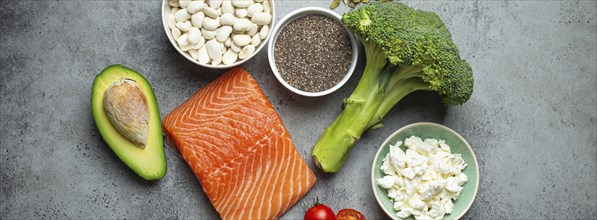 Selection of healthy food products if a person have diabetes: salmon fish, broccoli, avocado,