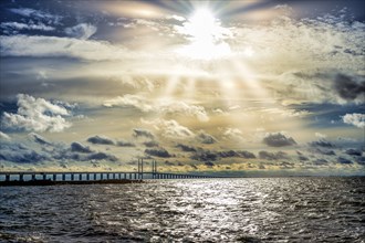 Öresund Bridge, Malmö, Öresund coast, Sweden, sunset, backlight, Europe