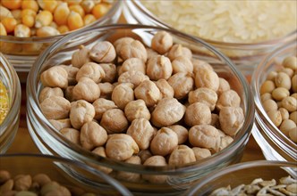 Chickpeas closeup in glass bowl on wooden kitchen table, non-perishable, long shelf life food