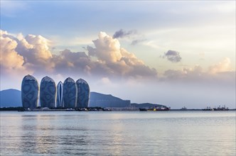 Scenic day view of buldings on Phoenix island from a sea in Sanya, Hainan, China, Asia