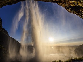 Seljalandsfoss waterfall, backlight shot, South Iceland, Iceland, Europe