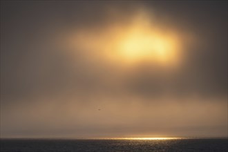 Sun breaking through clouds, reflection on sea surface, Woodfjord, Spitsbergen archipelago,