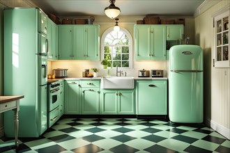 Retro-style kitchen with an old-fashioned refrigerator, and a checkered floor, with the warm,