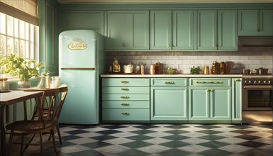 Retro-style kitchen with an old-fashioned refrigerator, and a checkered floor, with the warm,