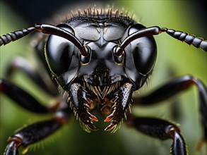 Macro of a common black garden ant (Lasius niger) with detailed focus on the compound eyes,