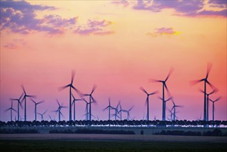 Sunrise at the wind farm in Marzahna, dawn. Marzahna, Treuenbrietzen, Brandenburg, Germany, Europe