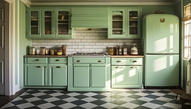 Retro-style kitchen with an old-fashioned refrigerator, and a checkered floor, with the warm,