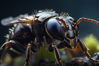 Macro of a common black garden ant (Lasius niger) with detailed focus on the compound eyes,