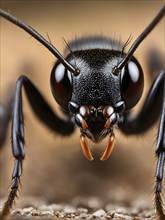 Macro of a common black garden ant (Lasius niger) with detailed focus on the compound eyes,