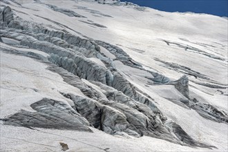 Glacier ice with crevasses, Glacier du Tour, high alpine mountain landscape, Chamonix,