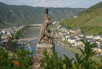 Statue at Reichsburg Castle and view of the Mosel Valley at Cochem, Rhineland-Palatinate, Germany,