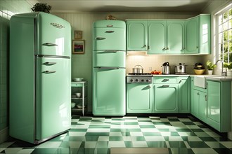 Retro-style kitchen with an old-fashioned refrigerator, and a checkered floor, with the warm,