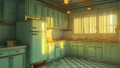 Retro-style kitchen with an old-fashioned refrigerator, and a checkered floor, with the warm,