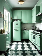 Retro-style kitchen with an old-fashioned refrigerator, and a checkered floor, with the warm,