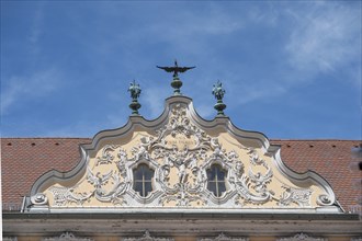 Haus zum Falken, façade and gable in rococo style, detail, Oberer Markt, Würzburg, Lower Franconia,