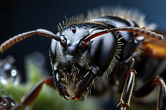 Macro of a common black garden ant (Lasius niger) with detailed focus on the compound eyes,