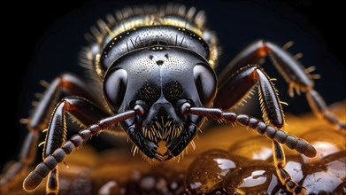 Macro of a common black garden ant (Lasius niger) with detailed focus on the compound eyes,