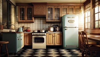 Retro-style kitchen with an old-fashioned refrigerator, and a checkered floor, with the warm,