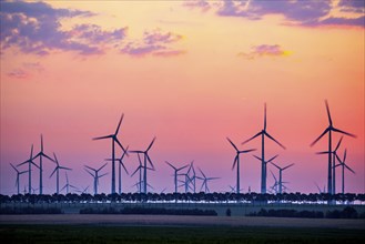 Sunrise at the wind farm in Marzahna, dawn. Marzahna, Treuenbrietzen, Brandenburg, Germany, Europe