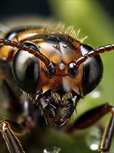 Macro of a common black garden ant (Lasius niger) with detailed focus on the compound eyes,