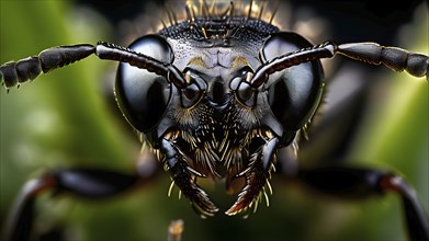 Macro of a common black garden ant (Lasius niger) with detailed focus on the compound eyes,