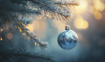 A blue Christmas ornament hangs from a tree branch. The ornament is surrounded by a blue and white