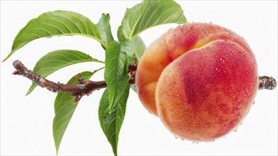 Close-up of a single peach with leaves and water droplets on a branch, AI generated