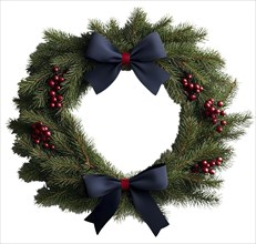 Beautifully crafted Christmas wreath with lush green pine needles, bright red berries, and a